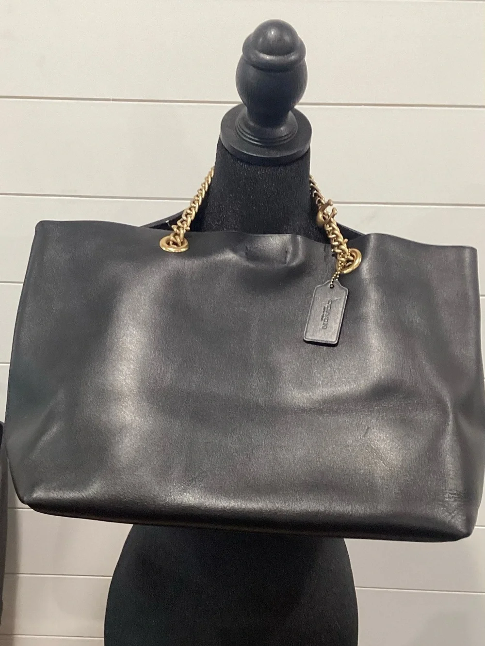 Coach Black Leather Tote with Gold Chain Handles - Picture 1 of 6